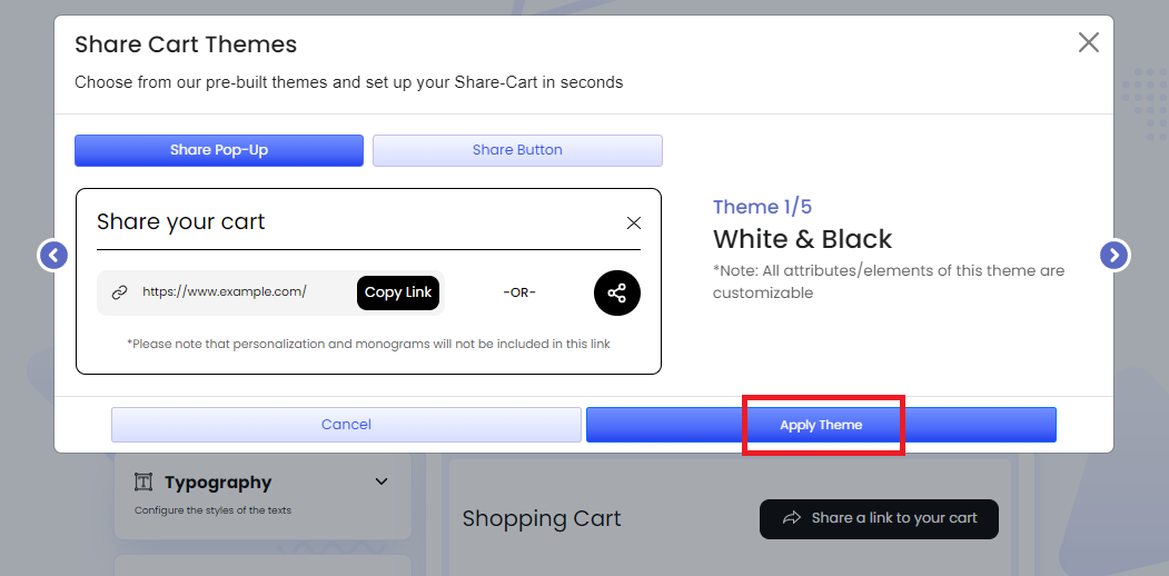 Screenshot of Share Cart Themes modal-Clicking on Apply Theme