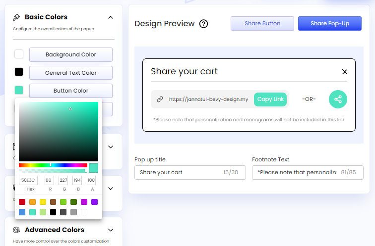 Screenshot of Button Color-Share Pop-Up