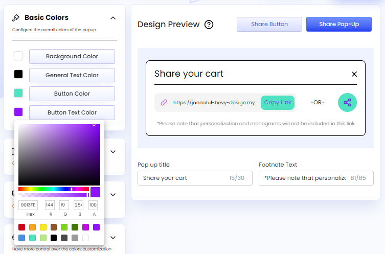 Screenshot of Button Text Color-Share Pop-Up