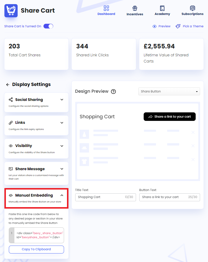 Screenshot of Share Cart Dashboard-Manual Embedding