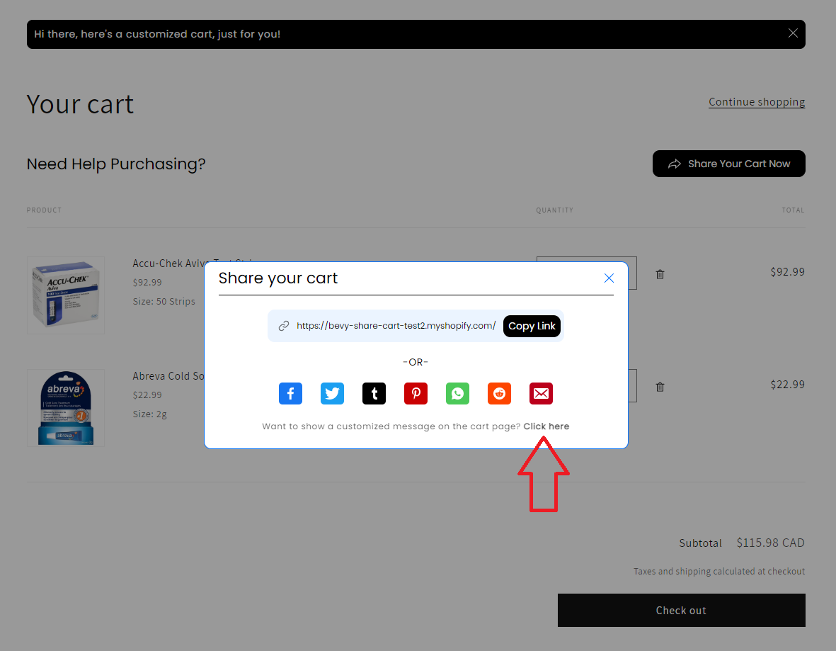 Screenshot of Share Pop-Up on Cart Page-Click here