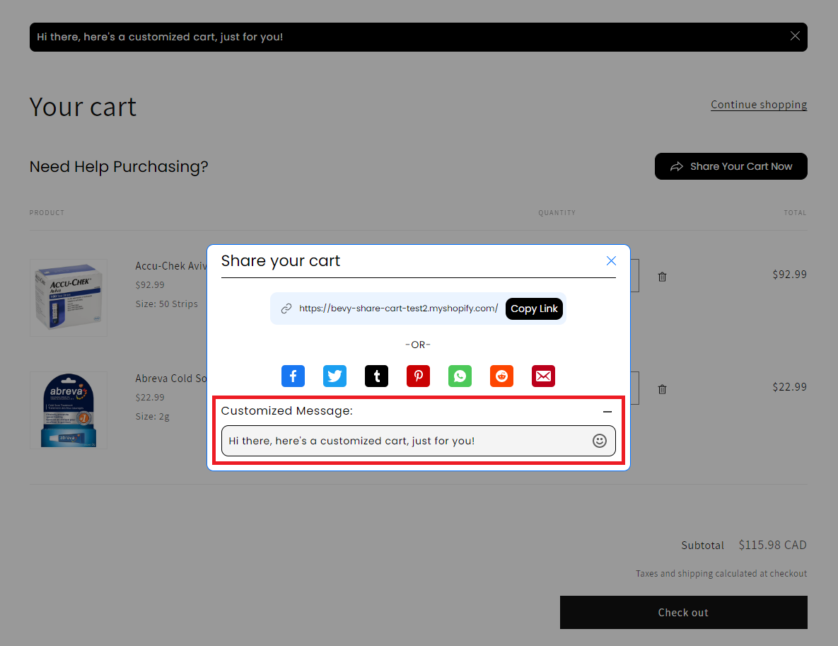 Screenshot of Share Pop-Up on Cart Page-Customized Message