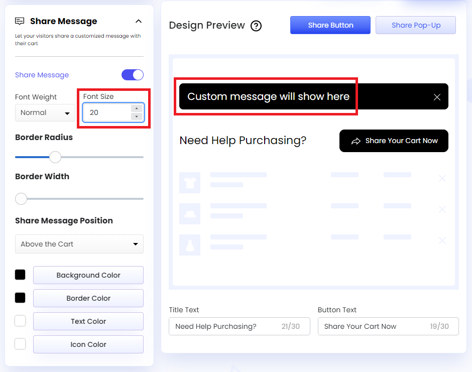 Screenshot of Share Message-Font Size
