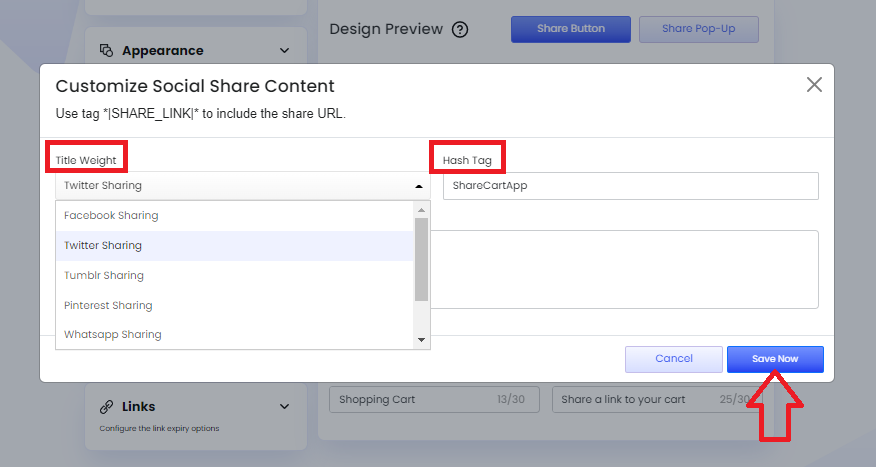 Screenshot of Share Cart Customize Social Share Content modal-Selecting Socai Sharing Platform, Inserting Message & Clicking on Save Now button