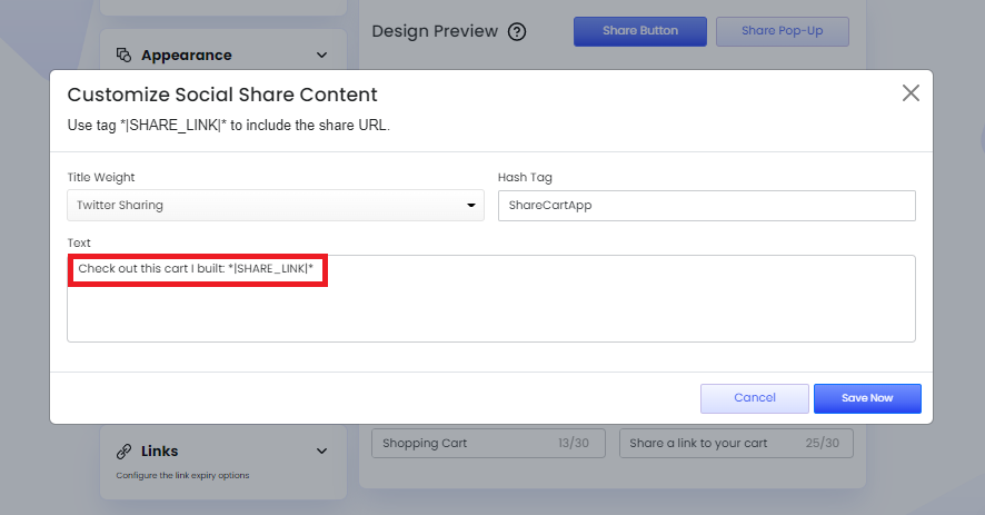 Screenshot of Share Cart Customize Social Share Content modal-Adding the tag *|SHARE_LINK|*