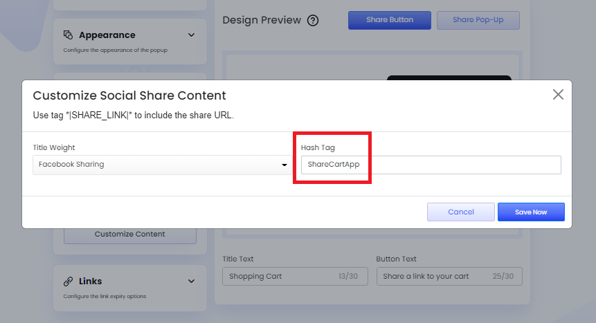 Screenshot of Share Cart Customize Social Share Content modal-Adding hashtag for Facebook