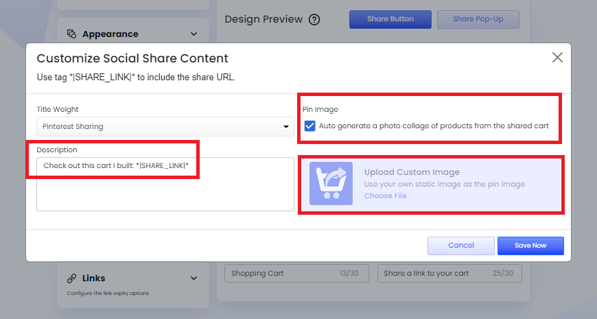 Screenshot of Share Cart Customize Social Share Content modal-Adding description and image for Pinterest