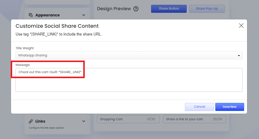 Screenshot of Share Cart Customize Social Share Content modal-Adding a message for Whatsapp